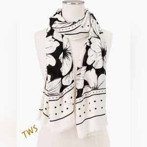 Talbots Black and White Floral Wrap with Polka‎ Dot Border